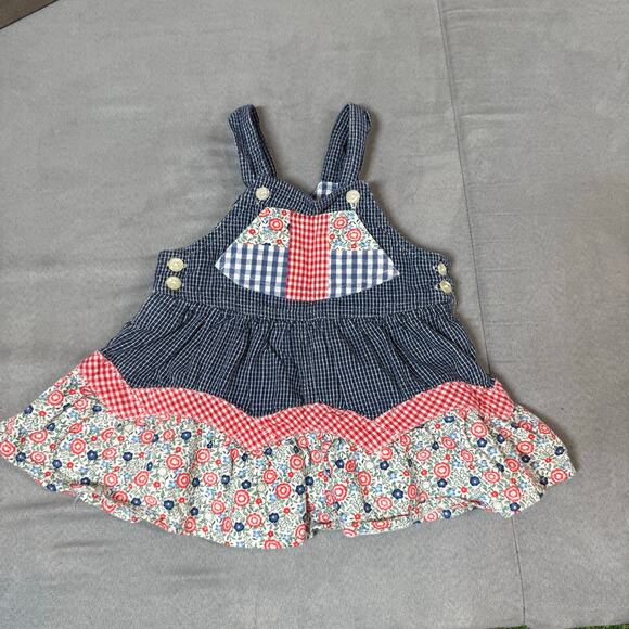 Vintage Denim Floral Gingham Overalls Dress Baby Girl 6-9 Months Shabby Chic - Picture 2 of 8